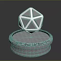 Blue Transparent Shiny Geometric Polyhedron Floating Over Circular Textured Metal Base